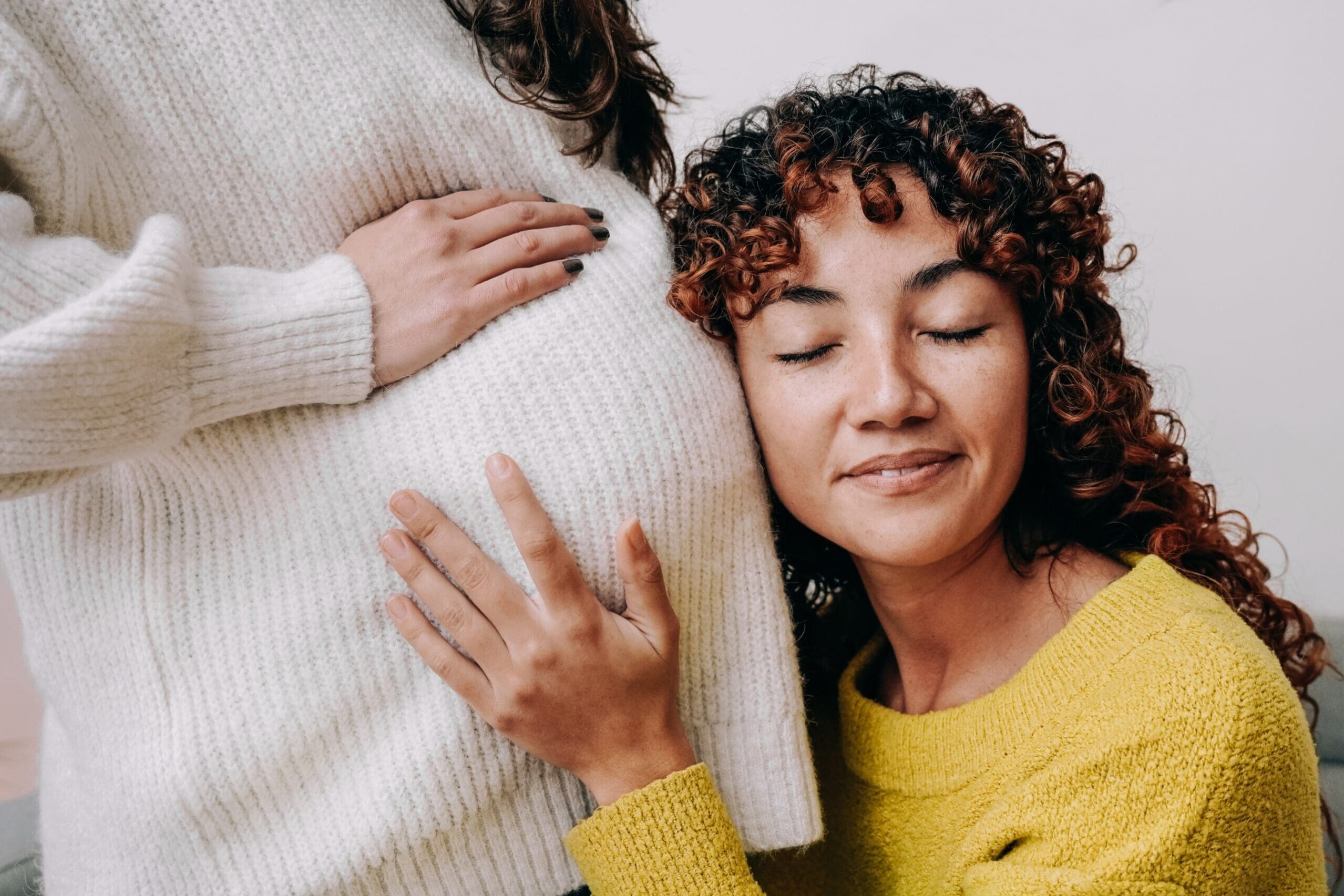 Lgbt,Lesbian,Pregnant,Woman,Having,Tender,Moment,Listening,Her,Wife